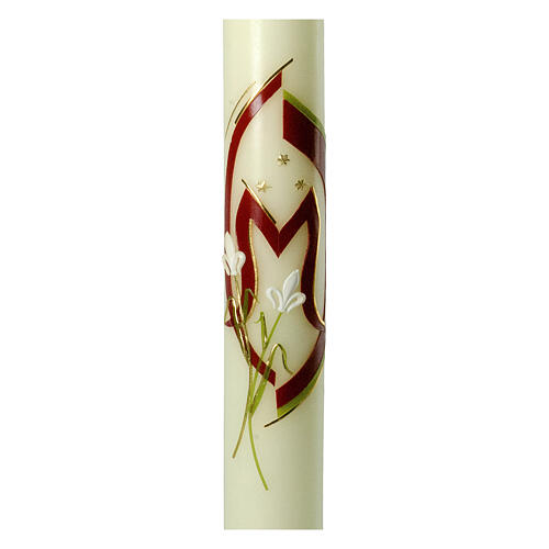Marian candle with red M and white lilies 60x6 cm 2