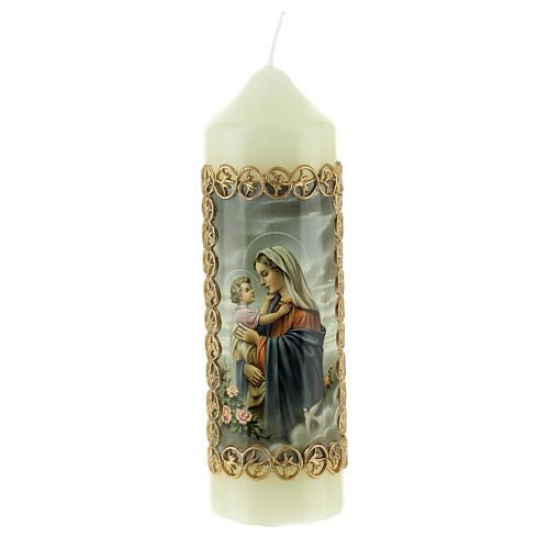 Vela imagem Nossa Senhora com Menino Jesus de perfil moldura dourada 16,5x5 cm 1