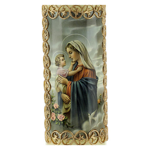 Vela imagem Nossa Senhora com Menino Jesus de perfil moldura dourada 16,5x5 cm 2