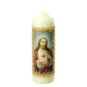 Kerze Heiligstes Herz Jesus Christus goldener Rahmen, 165x50 mm