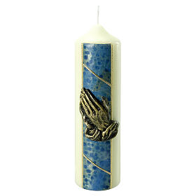 Ivory blue candle with praying hands 22x6 cm