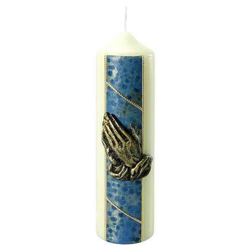 Ivory blue candle with praying hands 22x6 cm 1