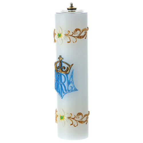 White wax candle with Marian symbols, golden floral pattern, 30 cm 3