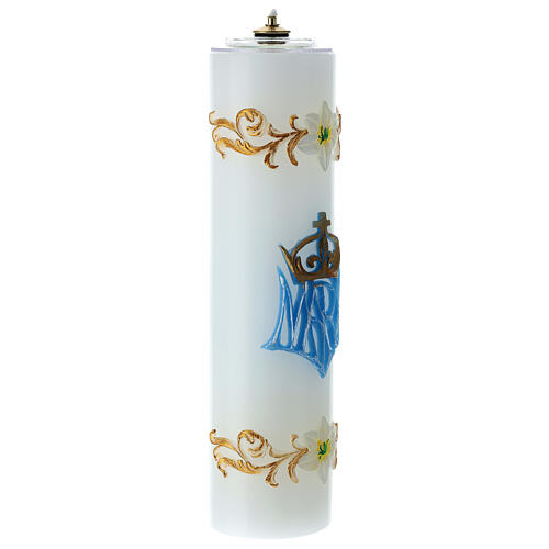 White wax candle with Marian symbols, golden floral pattern, 30 cm 4