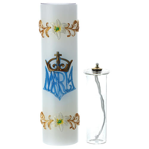 White wax candle with Marian symbols, golden floral pattern, 30 cm 5