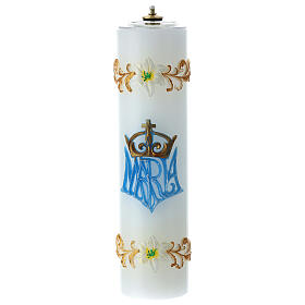 Świeca biała woskowa, aplikacja Maryjna, kwieciste dekoracje pozłacane, h 30 cm