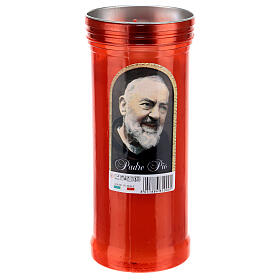 Red votive candle, white wax, various images of Saint Pio, 8 cm of diameter