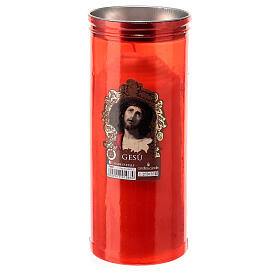 Red votive candle, white wax, image of Jesus, 8 cm of diameter