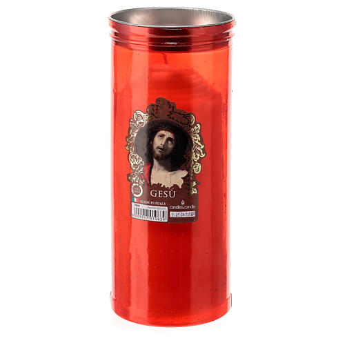 Red votive candle, white wax, image of Jesus, 8 cm of diameter 1