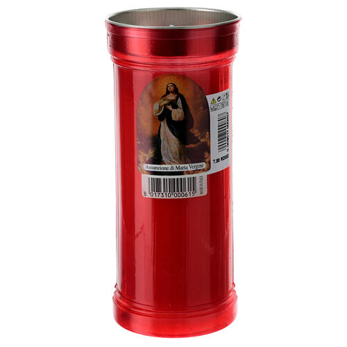 Rotes Ewiglicht aus weißem Wachs mit Abbildung der Madonna, Durchmesser von 8 cm 1