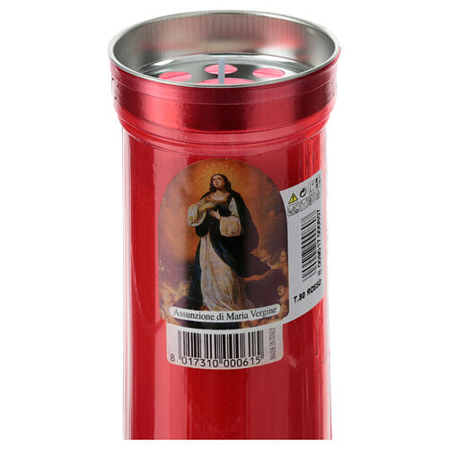 Rotes Ewiglicht aus weißem Wachs mit Abbildung der Madonna, Durchmesser von 8 cm 2
