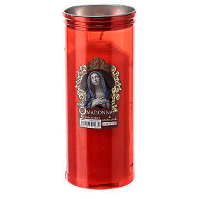 Red votive candle, white wax, image of Our Lady, 8 cm of diameter