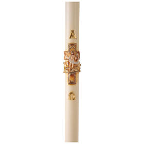 Círio Pascal cor marfim Cruz Jesus Ressuscitado e letras Alfa e Ómega, 120x8 cm
