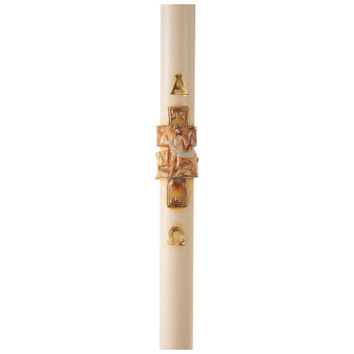 Círio Pascal cor marfim Cruz Jesus Ressuscitado e letras Alfa e Ómega, 120x8 cm 1