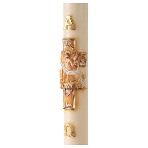 Círio Pascal cor marfim Cruz Jesus Ressuscitado e letras Alfa e Ómega, 120x8 cm 4