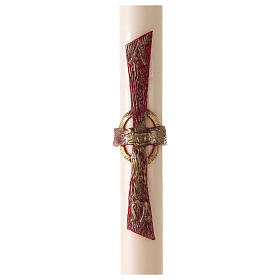 Osterkerze, gelblichweiß, rotes Kreuz mit Lamm, Alpha und Omega, Kreuz, 120x8cm