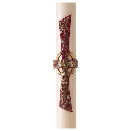 Osterkerze, gelblichweiß, rotes Kreuz mit Lamm, Alpha und Omega, Kreuz, 120x8cm 1