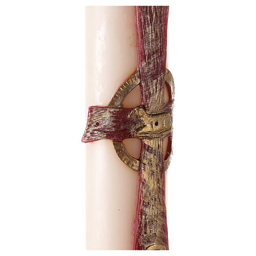 Osterkerze, gelblichweiß, rotes Kreuz mit Lamm, Alpha und Omega, Kreuz, 120x8cm 3