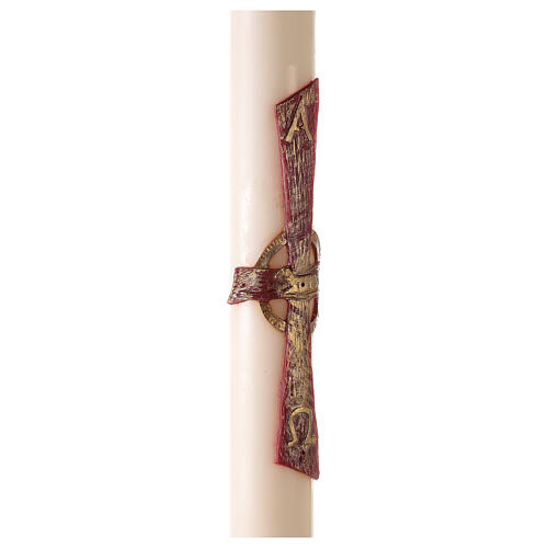 Osterkerze, gelblichweiß, rotes Kreuz mit Lamm, Alpha und Omega, Kreuz, 120x8cm 5