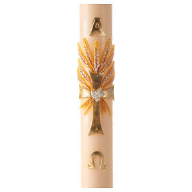 Círio Pascal cor marfim Cruz com pomba e espigas, letras Alfa e Ómega, 120x8 cm