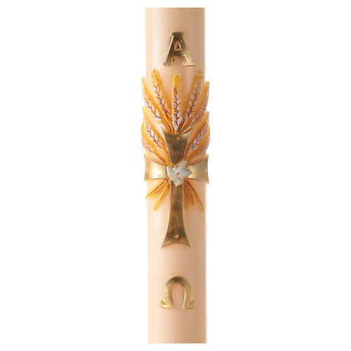 Círio Pascal cor marfim Cruz com pomba e espigas, letras Alfa e Ómega, 120x8 cm 1