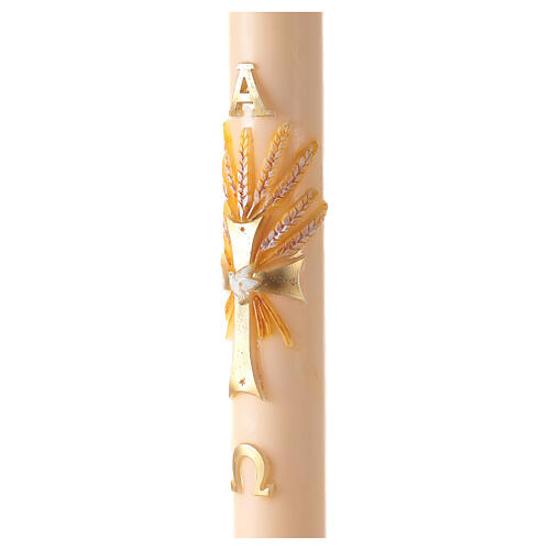Círio Pascal cor marfim Cruz com pomba e espigas, letras Alfa e Ómega, 120x8 cm 4