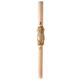 Ivory Paschal candle with Alpha, Omega and cross on an embossed golden cloak 120x8 cm