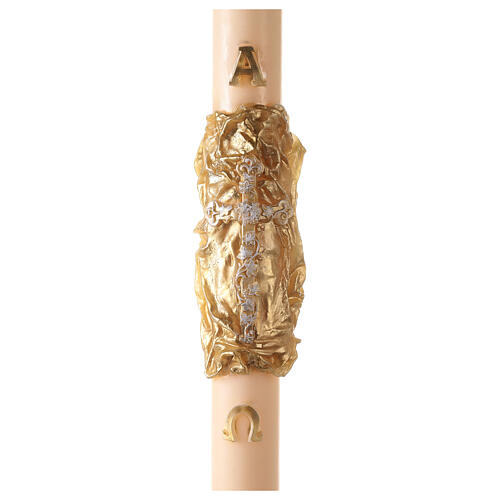 Ivory Paschal candle with Alpha, Omega and cross on an embossed golden cloak 120x8 cm 1