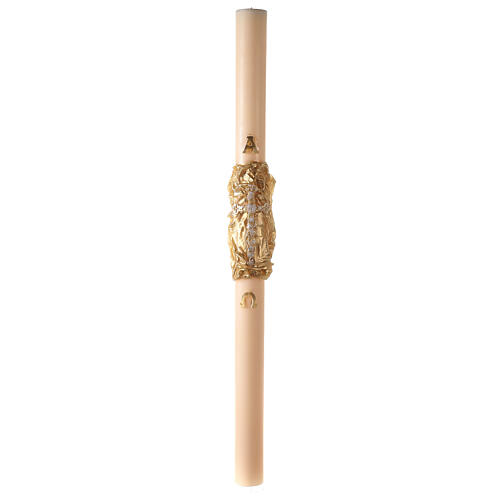 Ivory Paschal candle with Alpha, Omega and cross on an embossed golden cloak 120x8 cm 2