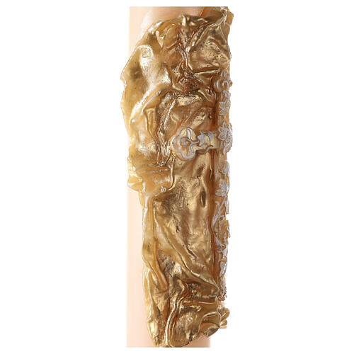 Ivory Paschal candle with Alpha, Omega and cross on an embossed golden cloak 120x8 cm 3