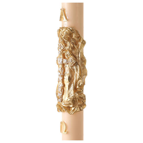 Ivory Paschal candle with Alpha, Omega and cross on an embossed golden cloak 120x8 cm 4