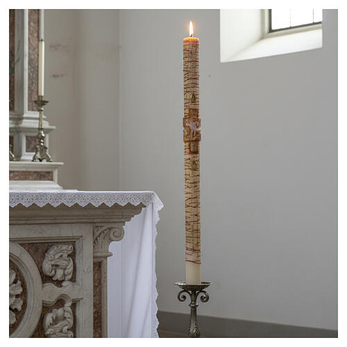 White Paschal candle with Alpha, Omega, cross with Risen Jesus and blood drops 120x8 cm 2