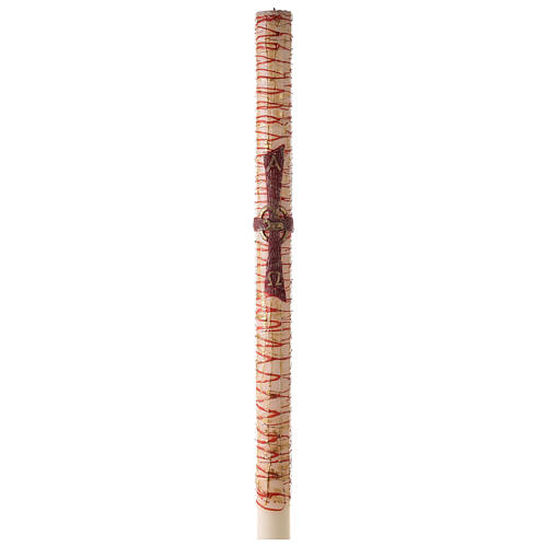 Círio Pascal listrado Cruz vermelha com Cordeiro e letras Alfa e Ómega, 120x8 cm 2