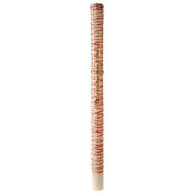 White Paschal candle with Alpha, Omega, cross with flowers and drops 120x8 cm