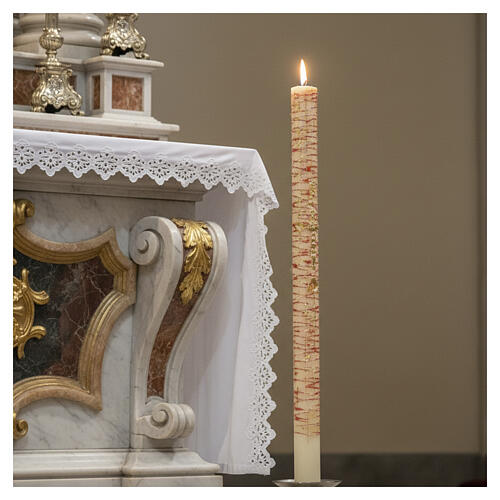 White Paschal candle with Alpha, Omega, cross with flowers and drops 120x8 cm 2