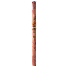 Círio Pascal marmoreado cor-de-rosa Cruz Espigas, Alfa e Ómega, 120x8 cm