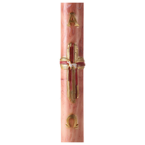 Osterkerze, Alpha und Omega, Kreuz, Lamm, rosa marmoriert, 120x8 cm 1