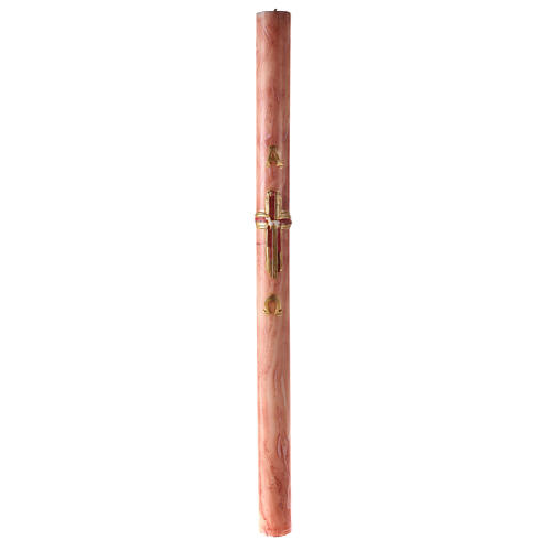 Osterkerze, Alpha und Omega, Kreuz, Lamm, rosa marmoriert, 120x8 cm 2