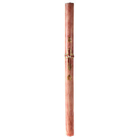 Círio Pascal marmoreado cor-de-rosa Cruz com Cordeiro, Alfa e Ómega, 120x8 cm