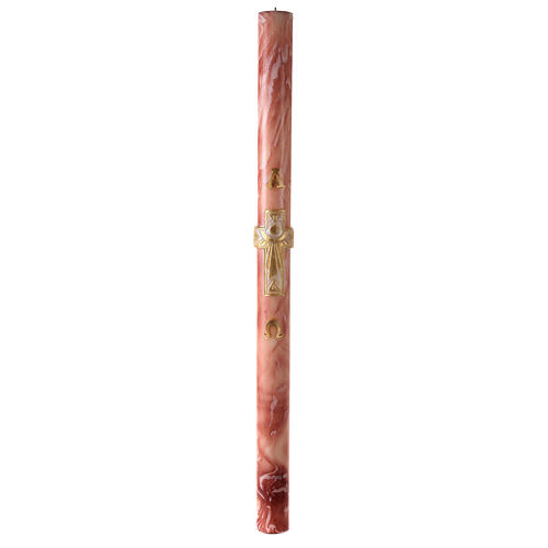 Círio Pascal marmoreado cor-de-rosa Cruz com Sol, Alfa e Ómega, 120x8 cm 2