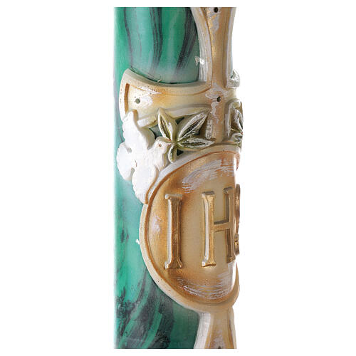 Círio Pascal marmoreado verde Cruz JHS pombas, Alfa e Ómega, 120x8 cm 3
