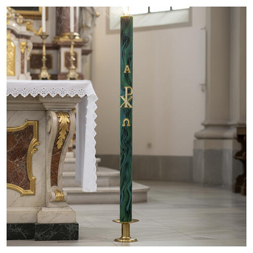Cierge pascal marbré vert Chi-Rho Alpha et Oméga 120x8 cm 2