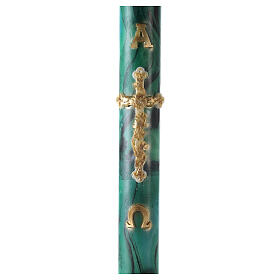 Círio Pascal marmoreado verde Cruz e letras Alfa e Ómega douradas, 120x8 cm