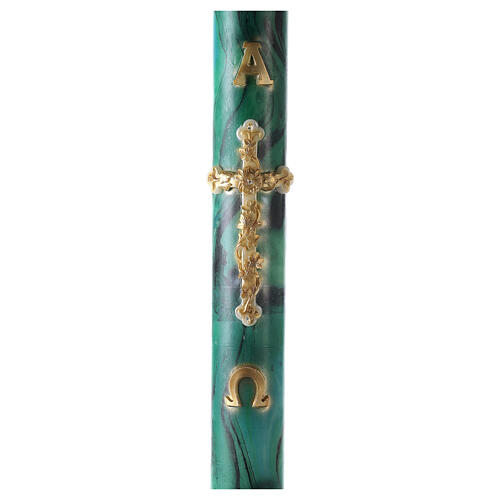 Círio Pascal marmoreado verde Cruz e letras Alfa e Ómega douradas, 120x8 cm 1