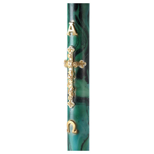 Círio Pascal marmoreado verde Cruz e letras Alfa e Ómega douradas, 120x8 cm 4