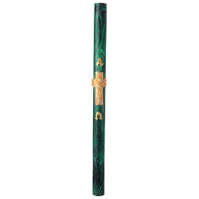Paschal candle with golden cross, Alpha and Omega, green marble finish, 120x8 cm