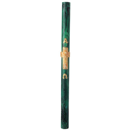 Paschal candle with golden cross, Alpha and Omega, green marble finish, 120x8 cm 2