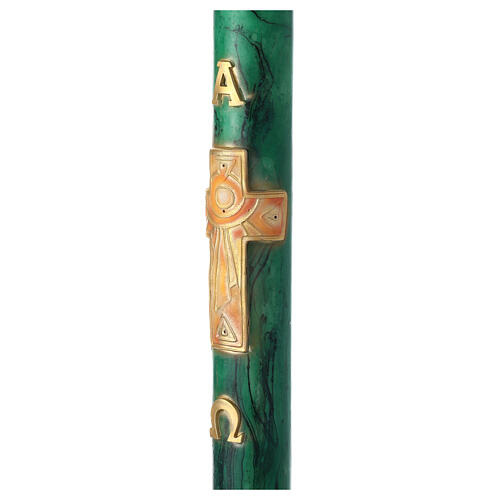 Paschal candle with golden cross, Alpha and Omega, green marble finish, 120x8 cm 3
