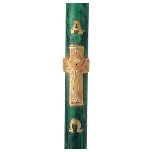Círio Pascal marmoreado verde Cruz com sol e letras Alfa e Ómega, 120x8 cm 1