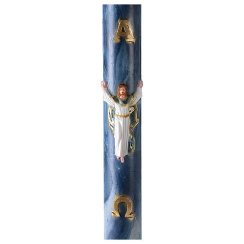 Paschal candle with blue marble finish and Risen Jesus 120x8 cm 1